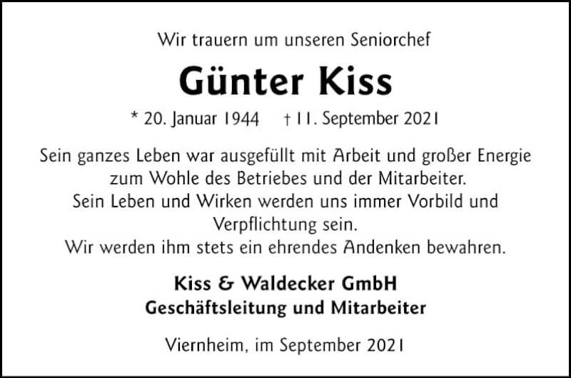  Traueranzeige für Günter Kiss vom 18.09.2021 aus Südhessen Morgen
