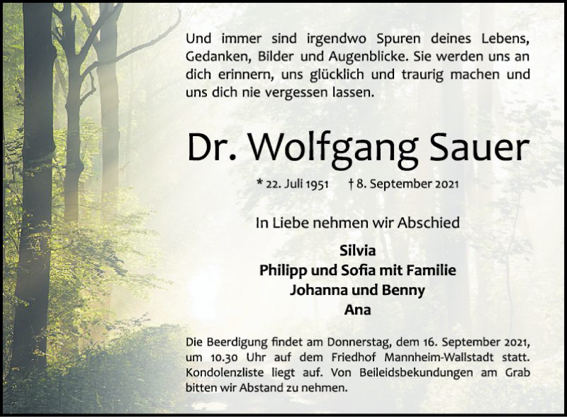  Traueranzeige für Wolfgang Sauer vom 11.09.2021 aus Mannheimer Morgen