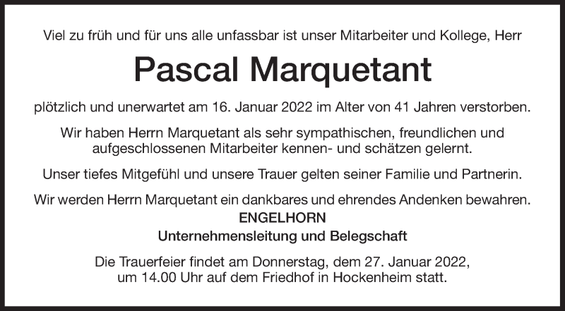  Traueranzeige für Pascal Marquetant vom 24.01.2022 aus Schwetzinger Zeitung