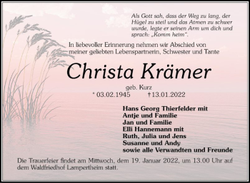 Traueranzeige von Christa Krämer von Südhessen Morgen