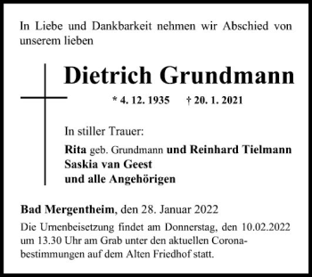 Traueranzeige von Dietrich Grundmann von Fränkische Nachrichten