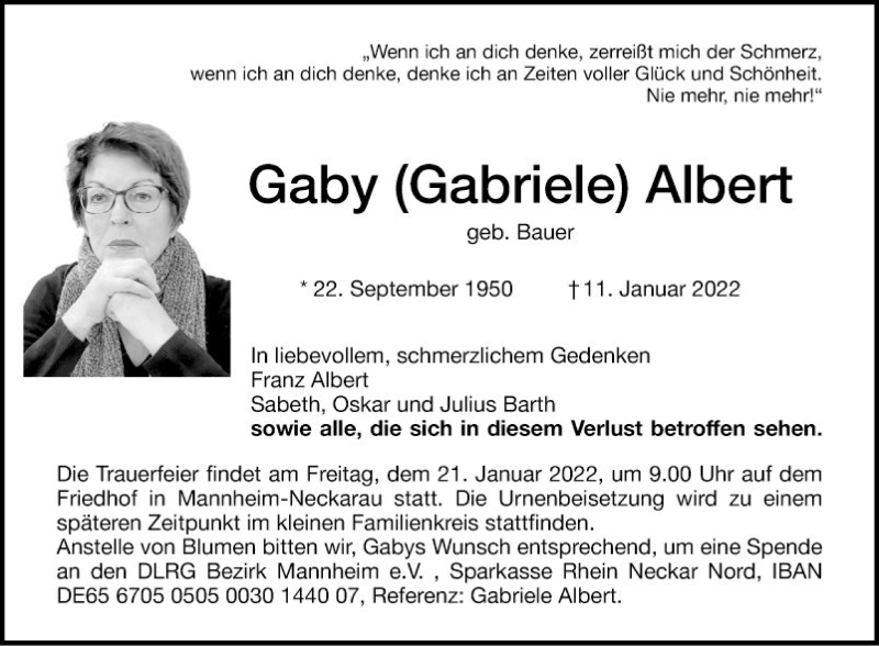  Traueranzeige für Gaby  Albert vom 15.01.2022 aus Mannheimer Morgen