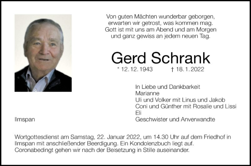  Traueranzeige für Gerd Schrank vom 20.01.2022 aus Fränkische Nachrichten