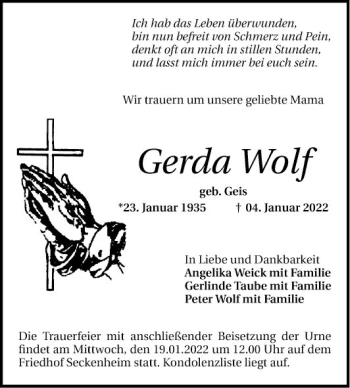 Traueranzeige von Gerda Wolf von Mannheimer Morgen
