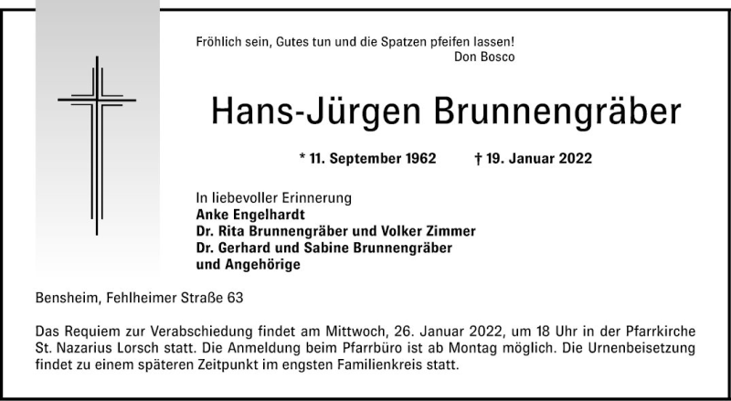  Traueranzeige für Hans-Jürgen Brunnengräber vom 22.01.2022 aus Bergsträßer Anzeiger