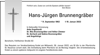 Traueranzeige von Hans-Jürgen Brunnengräber von Bergsträßer Anzeiger