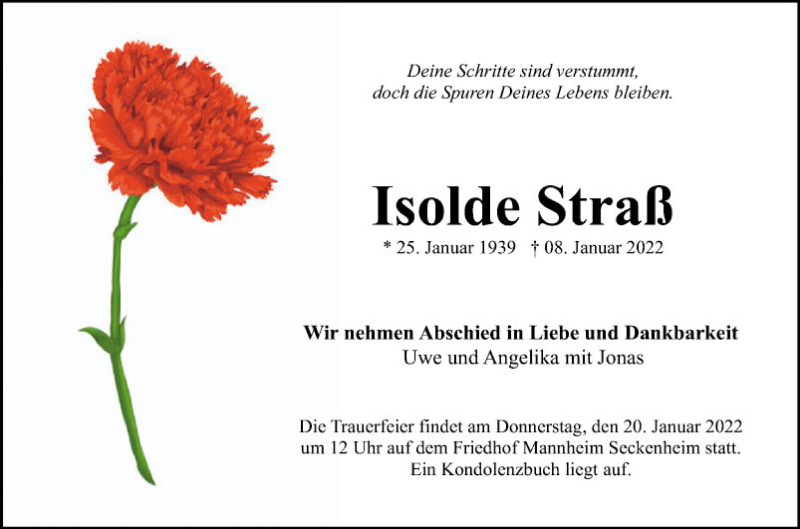  Traueranzeige für Isolde Straß vom 15.01.2022 aus Mannheimer Morgen