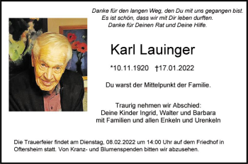 Traueranzeige von Karl Lauinger von Schwetzinger Zeitung