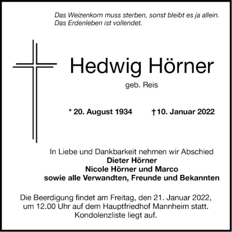  Traueranzeige für LHedwig Hörner vom 15.01.2022 aus Mannheimer Morgen