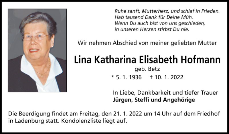  Traueranzeige für Lina Katharina Elisabeth Hofmann vom 15.01.2022 aus Mannheimer Morgen