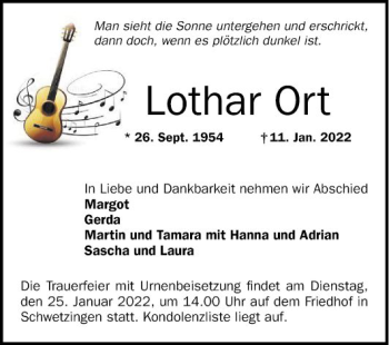 Traueranzeige von Lothar Ort von Schwetzinger Zeitung