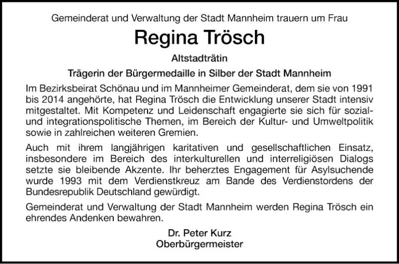  Traueranzeige für Regina Trösch vom 15.01.2022 aus Mannheimer Morgen