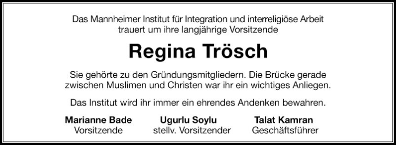  Traueranzeige für Regina Trösch vom 18.01.2022 aus Mannheimer Morgen