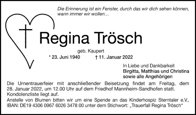  Traueranzeige für Regina Trösch vom 15.01.2022 aus Mannheimer Morgen