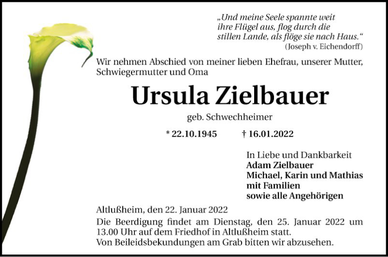  Traueranzeige für Ursula Zielbauer vom 22.01.2022 aus Schwetzinger Zeitung