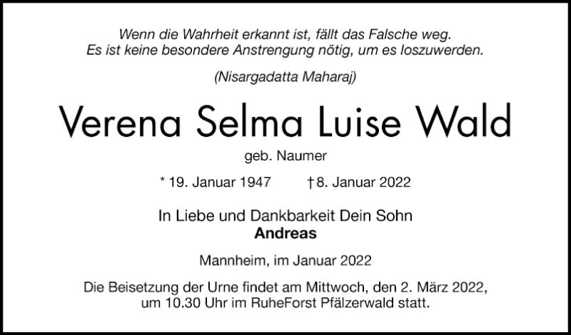  Traueranzeige für Verena Selma Luise Wald vom 15.01.2022 aus Mannheimer Morgen