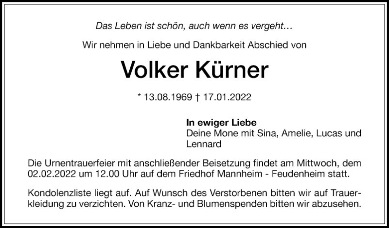 Traueranzeige für Volker Kürner vom 22.01.2022 aus Mannheimer Morgen