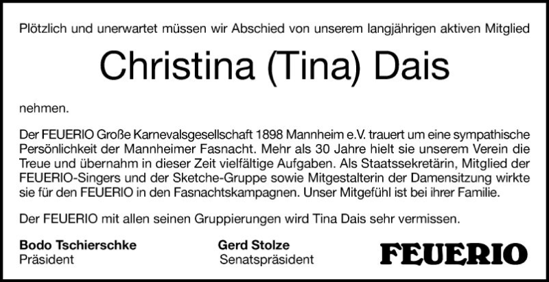  Traueranzeige für Christina Dais vom 12.02.2022 aus Mannheimer Morgen