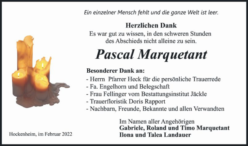  Traueranzeige für Pascal Marquetant vom 03.02.2022 aus Schwetzinger Zeitung