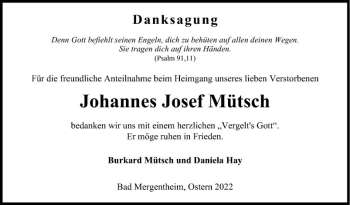 Traueranzeige von Johannes Josef Mütsch von Fränkische Nachrichten