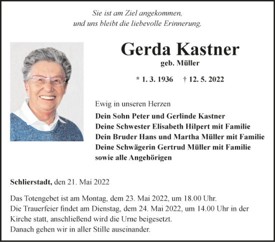 Traueranzeige von Gerda Kastner von Fränkische Nachrichten