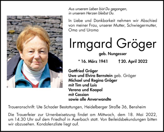 Traueranzeige von Irmgard Gröger von Bergsträßer Anzeiger