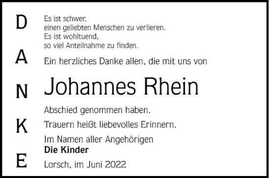 Traueranzeige von Johannes Rhein von Bergsträßer Anzeiger