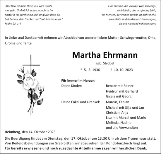 Traueranzeige von Martha Ehrmann von Fränkische Nachrichten