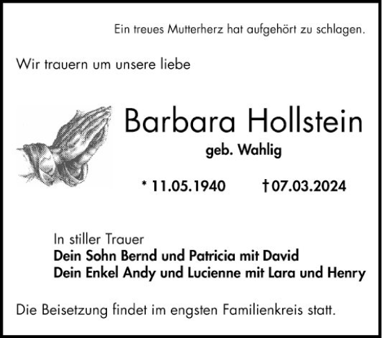 Traueranzeige von Barbara Hollstein von Bergsträßer Anzeiger