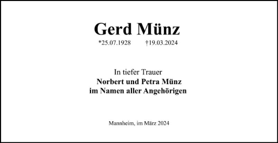 Traueranzeige von Gerd Münz von Mannheimer Morgen