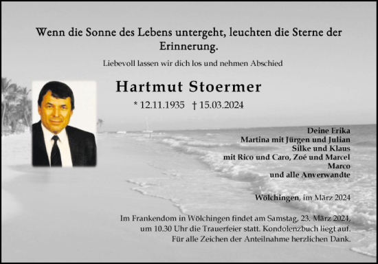 Traueranzeige von Hartmut Stoermer von Fränkische Nachrichten