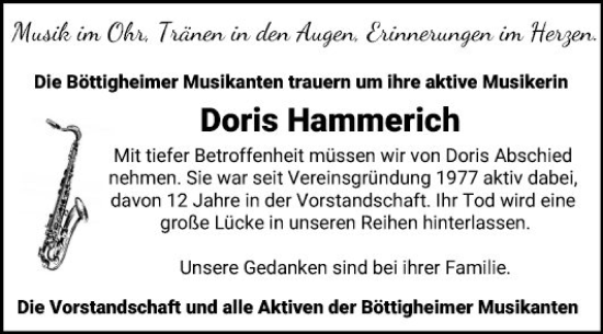 Traueranzeige von Doris Hammerich von Fränkische Nachrichten