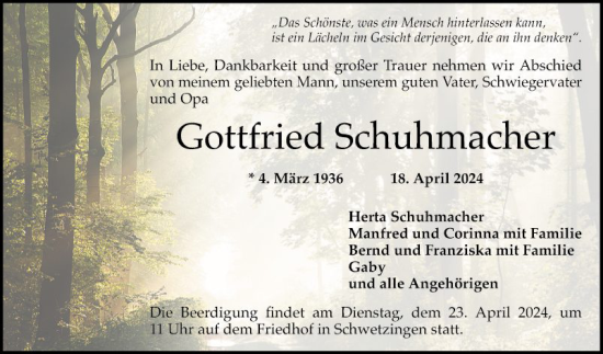 Traueranzeige von Gottfried Schuhmacher von Schwetzinger Zeitung