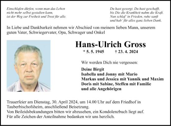 Traueranzeige von Hans-Ulrich Gross von Fränkische Nachrichten