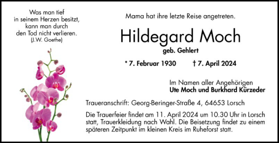 Traueranzeige von Hildegard Moch von Bergsträßer Anzeiger