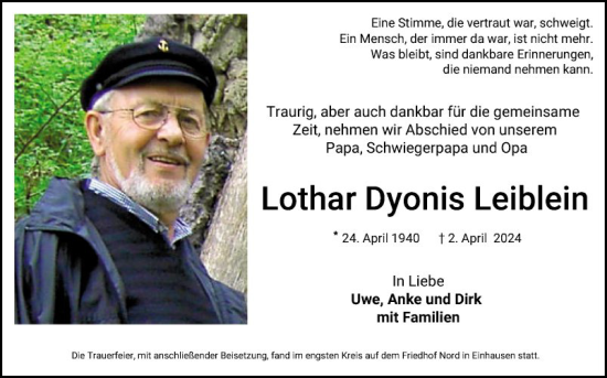 Traueranzeige von Lothar Dyonis Leiblein von Bergsträßer Anzeiger