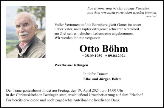 Traueranzeige von Otto Böhm von Fränkische Nachrichten