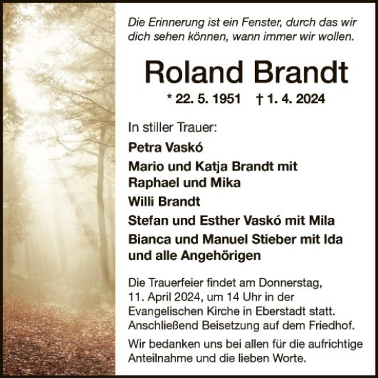 Traueranzeige von Roland Brandt von Fränkische Nachrichten