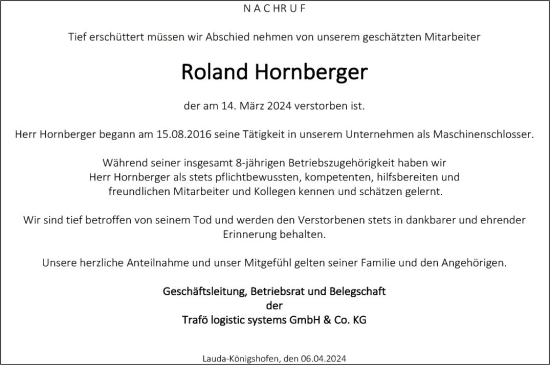 Traueranzeige von Roland Hornberger von Fränkische Nachrichten
