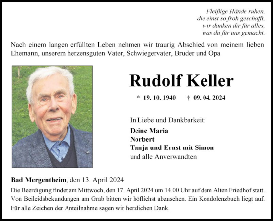 Traueranzeige von Rudolf Keller von Fränkische Nachrichten