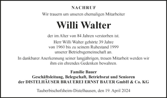 Traueranzeige von Willi Walter von Fränkische Nachrichten