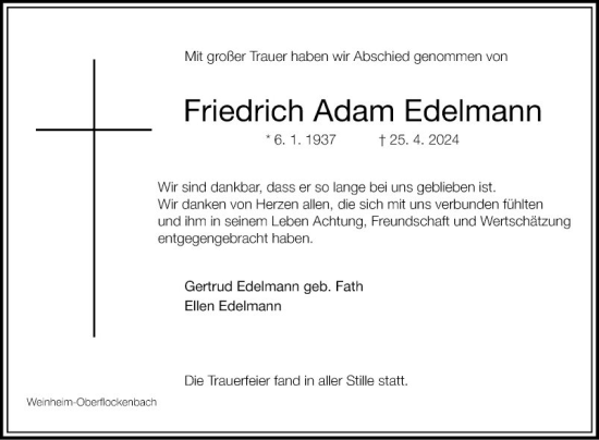 Traueranzeige von Friedrich Adam Edelmann von Mannheimer Morgen