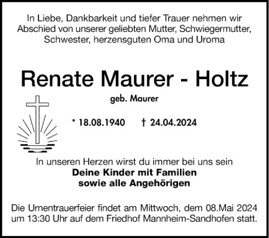 Traueranzeige von Renate Maurer-Holtz von Mannheimer Morgen